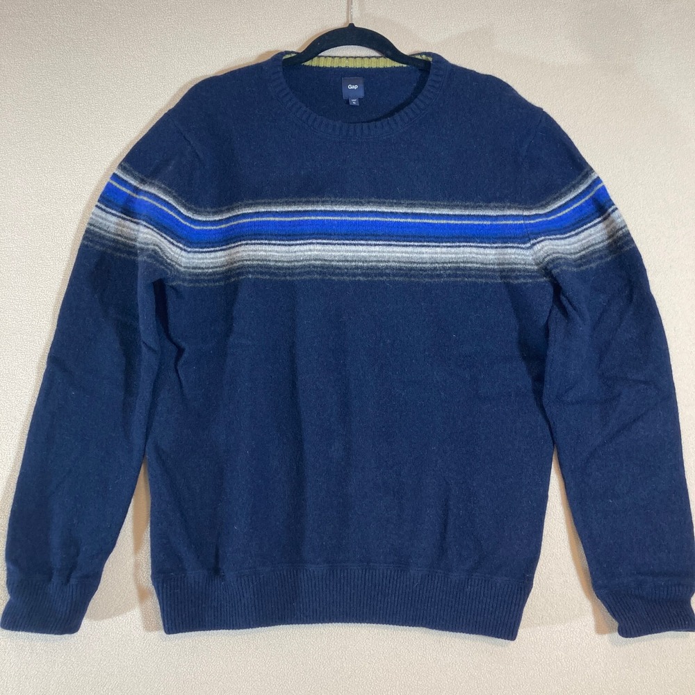 Gap Lambs Wool Sweater Mens XL Blue Striped Classic Preppy Academia Minimalist